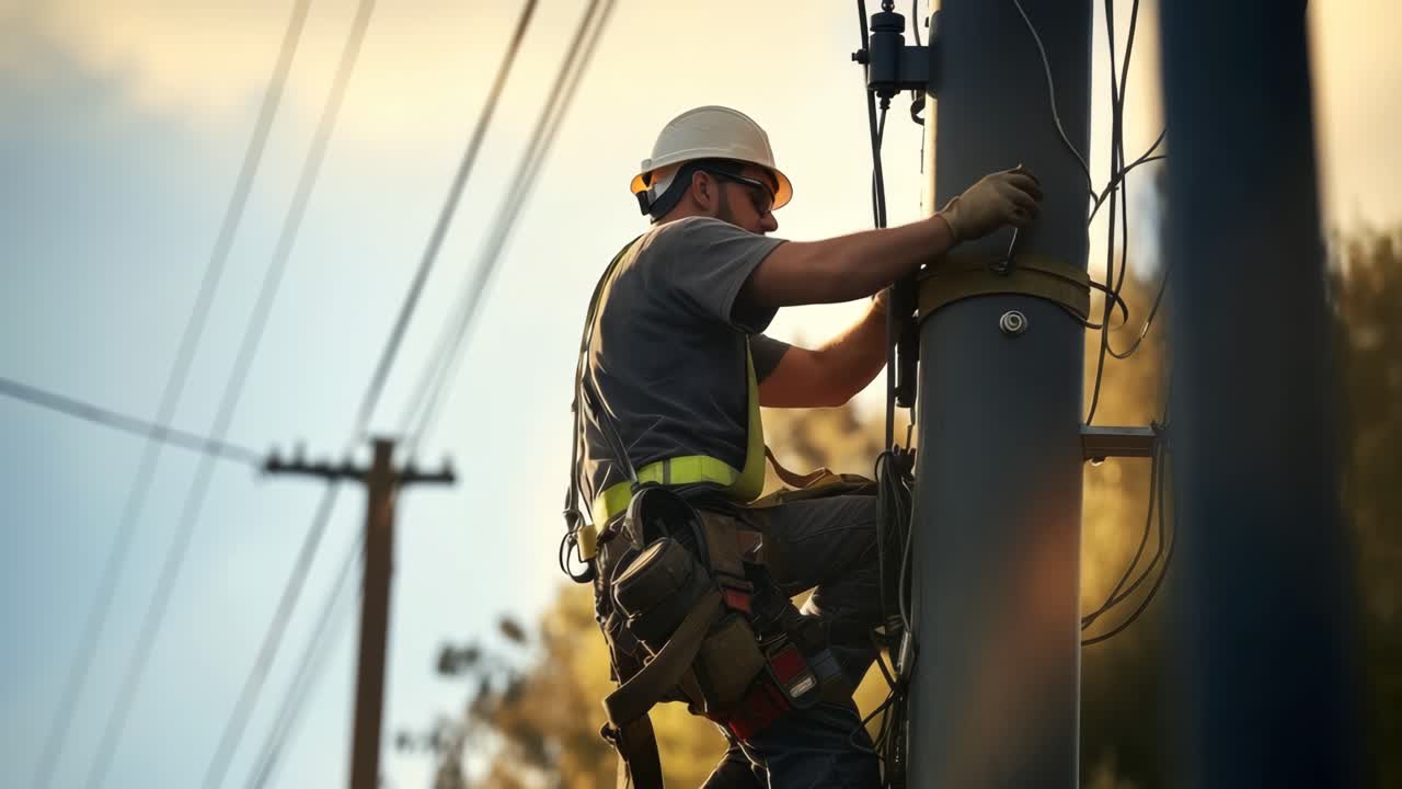 Low-angle shot of a utility worker climbing a pole, set against a sunset backdrop