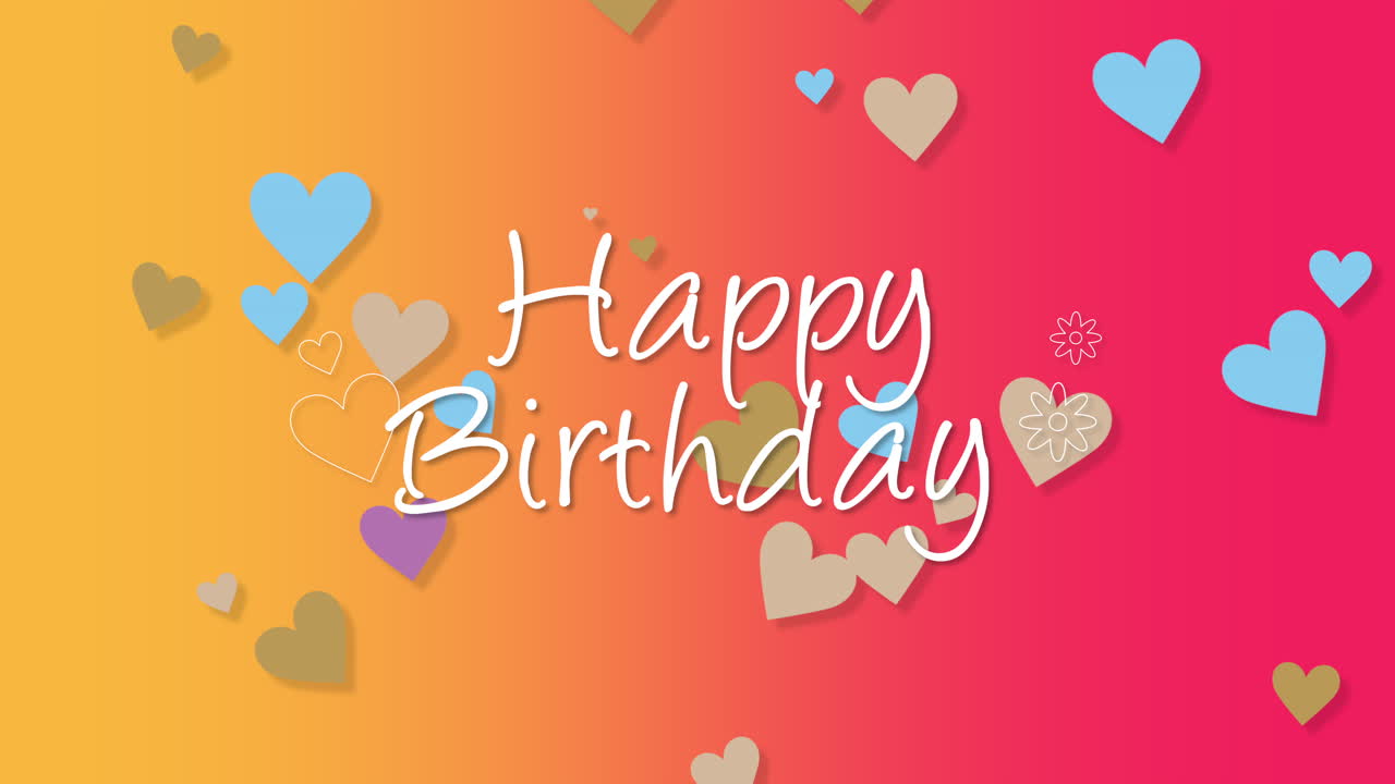 feliz cumpleaños con coloridos corazones y flores de dibujos animados