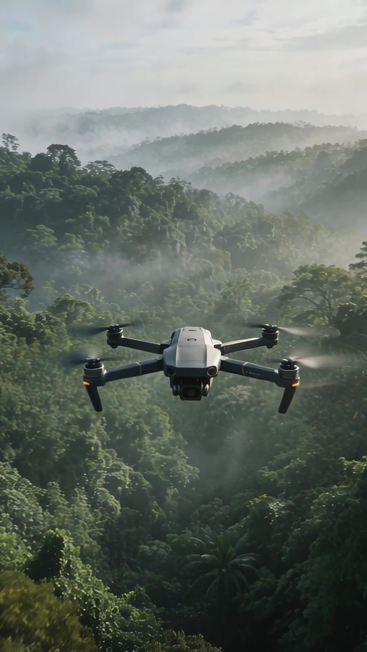 Vertical video: Flying quadcopter, rotors spinning, recording canopy via gimbal in misty valley