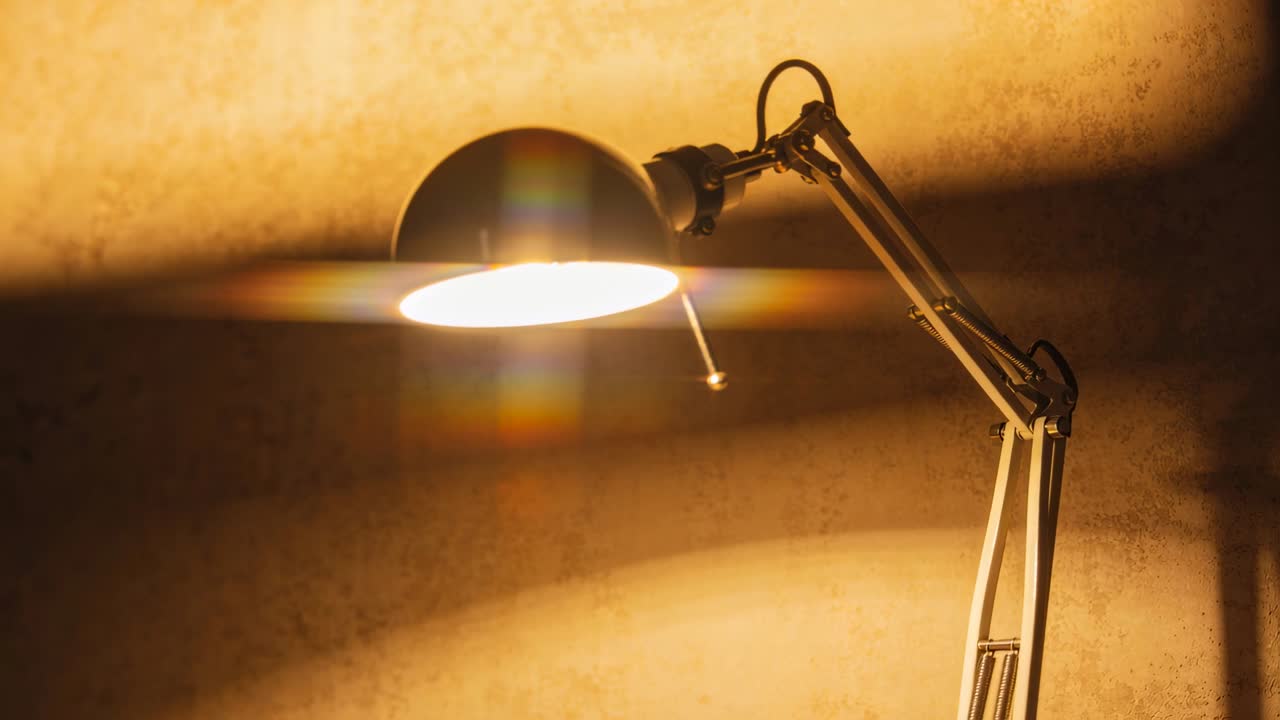 Grabación comenzando: lámpara de cúpula metálica oscilando con cadena, destello de lente cambiante proyectando franjas cálidas en la pared.