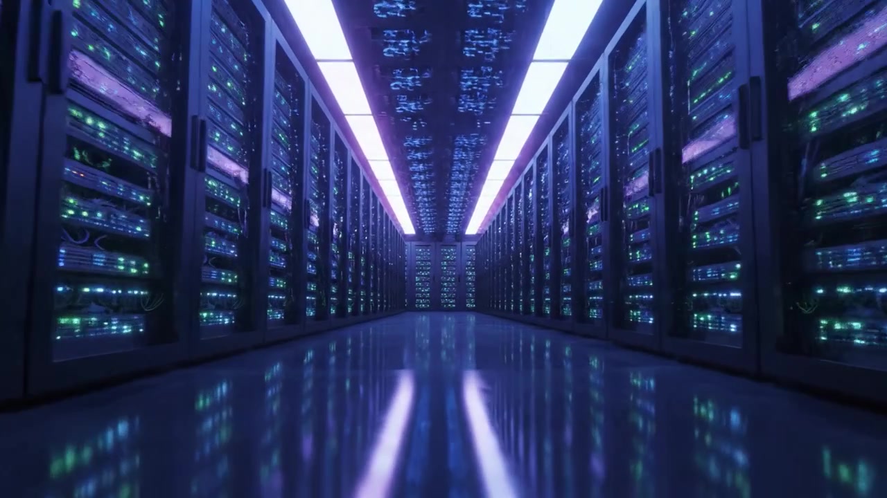 A Stunning Glimpse into a Modern Data Center with Illuminated Server Racks and a Sleek, Reflective Floor, Showcasing Advanced Technology and Connectivity