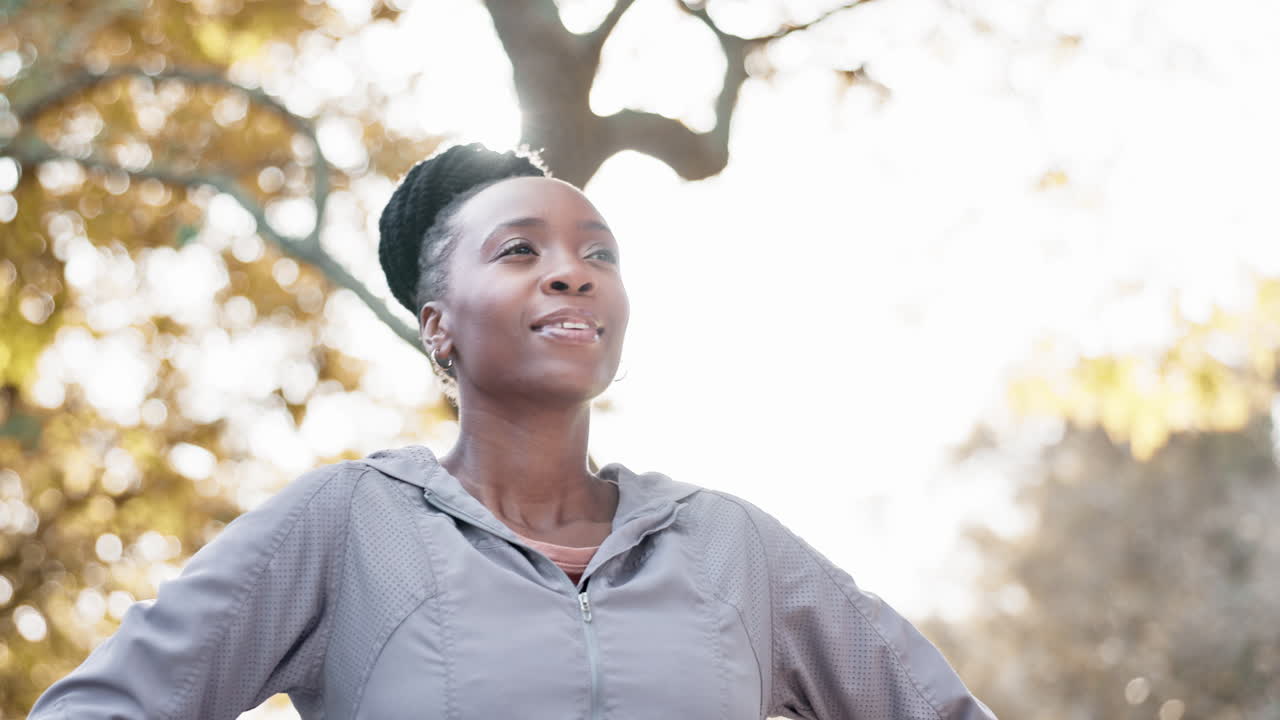 Black woman, breathing and nature with exercise