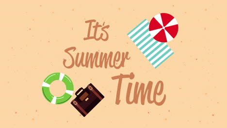 summer time lettering animation with umbrella and towel in beach