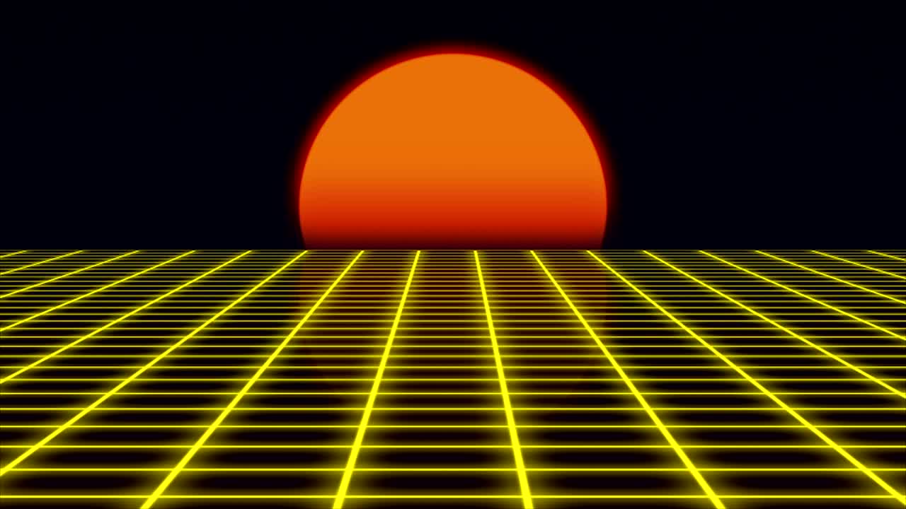 paisaje retro futurista con el estilo del atardecer de los años 80, paisaje digital de verano con superficie de cuadrícula, renderización 3d