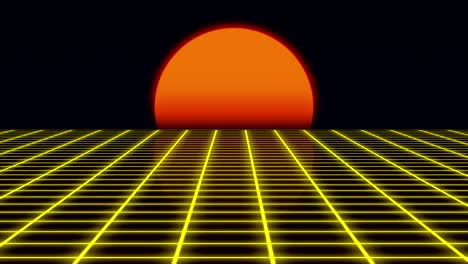 paisaje retro futurista con el estilo del atardecer de los años 80, paisaje digital de verano con superficie de cuadrícula, renderización 3d