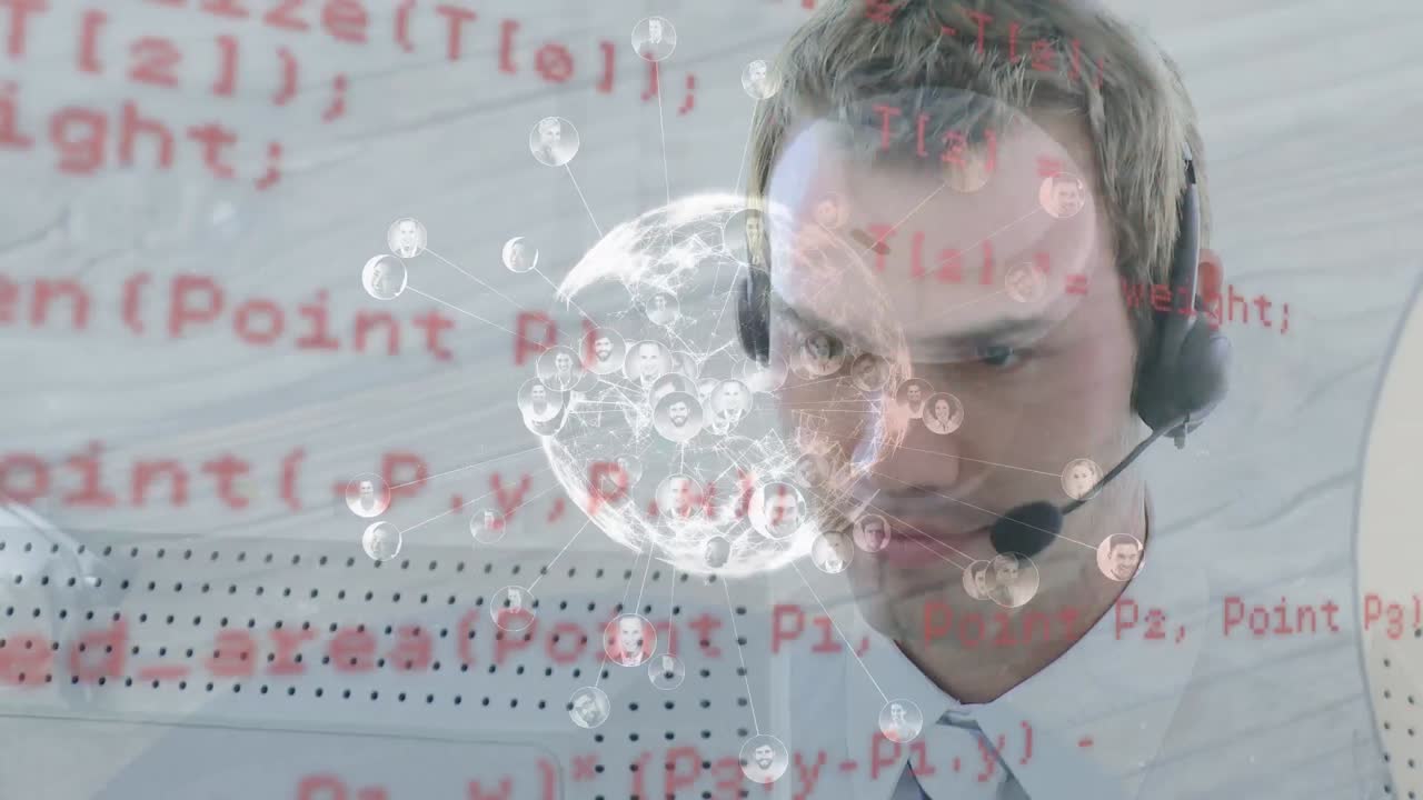 анимация глобуса и обработка данных над бизнесменом с помощью телефонной гарнитуры