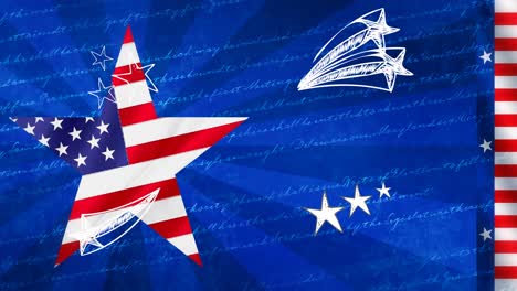 animation of star with usa flag over blue background with writings