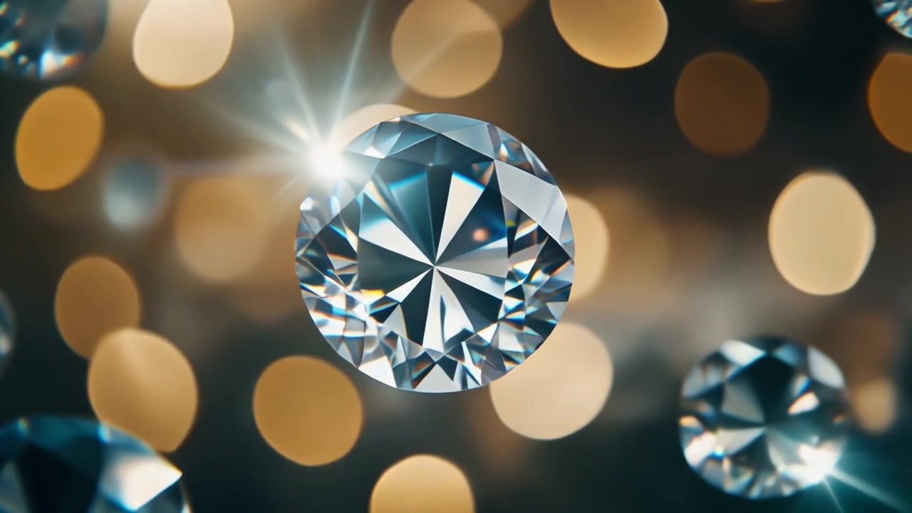 Sparkling Diamond Rotating Against a Blurred Golden Bokeh Background