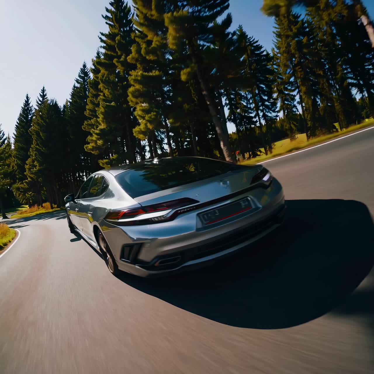 Dynamic low-angle shot of a sleek car on a winding road, emphasizing speed and motion