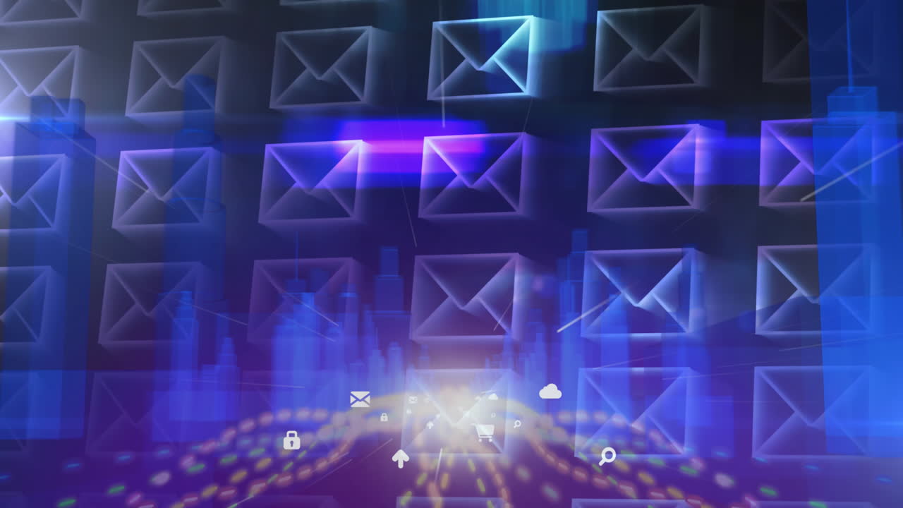 animación de iconos de compras flotando con gráficos sobre varios iconos de sobres