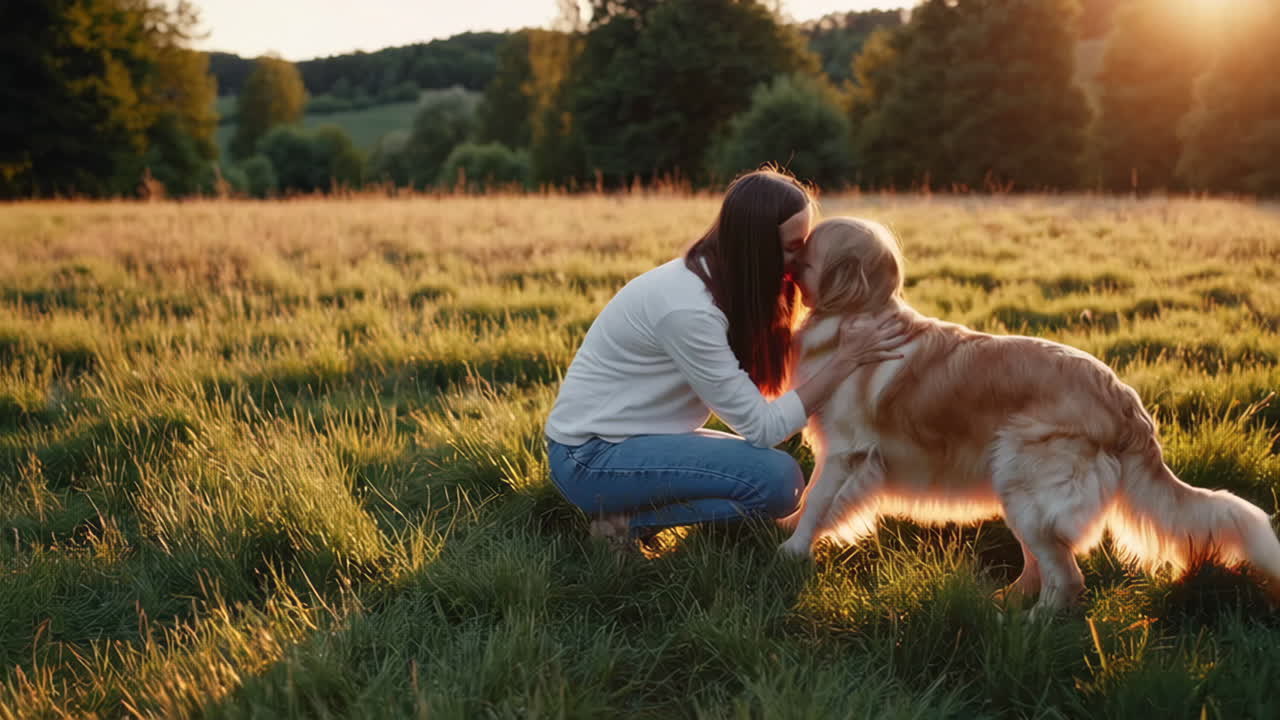Woman and dog in a field at sunset