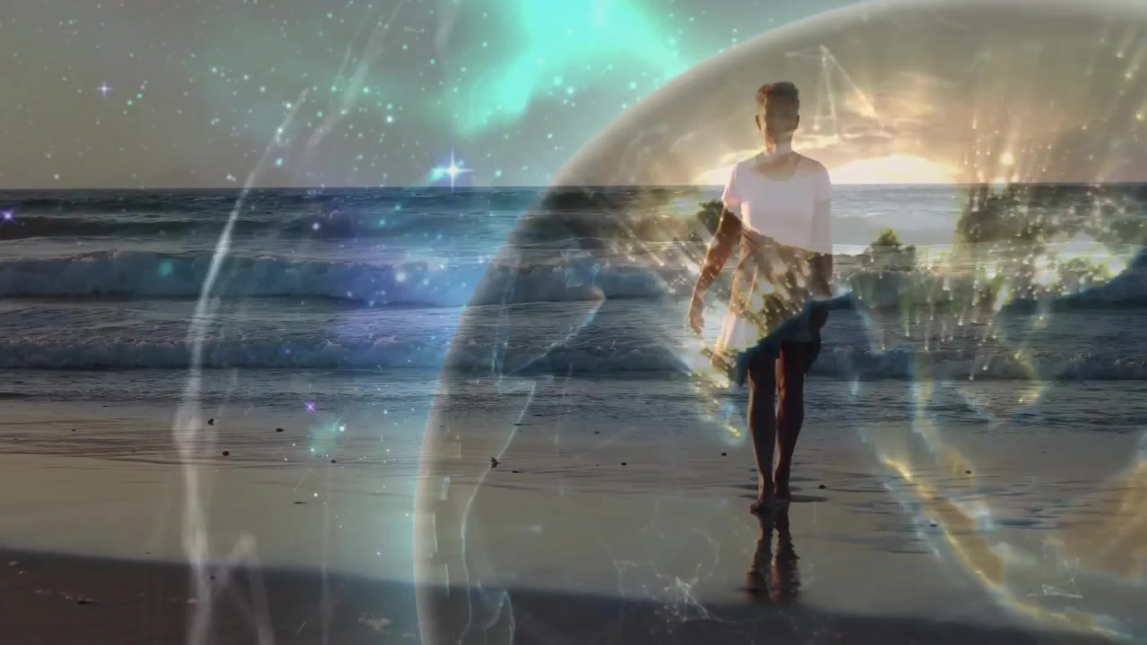 Senior woman emerging from surf walking onto shoreline at sunset, globe spinning showing tech links