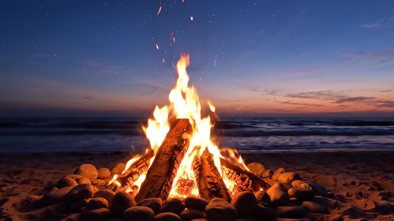 寧靜海灘營火場景，搖曳火焰在繁星點點的夜空下閃爍，於海岸旁營造出平和氛圍。