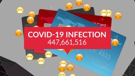 Animation-of-emoticons-in-face-masks-and-increasing-number-of-covid-infections-over-bank-cards
