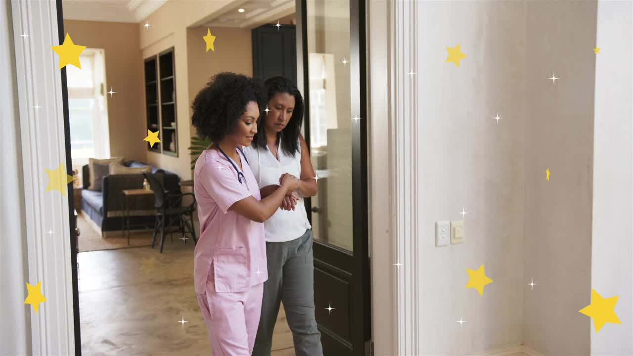 Nurse showing watch entering door, companion viewing health data, yellow star overlay framing door