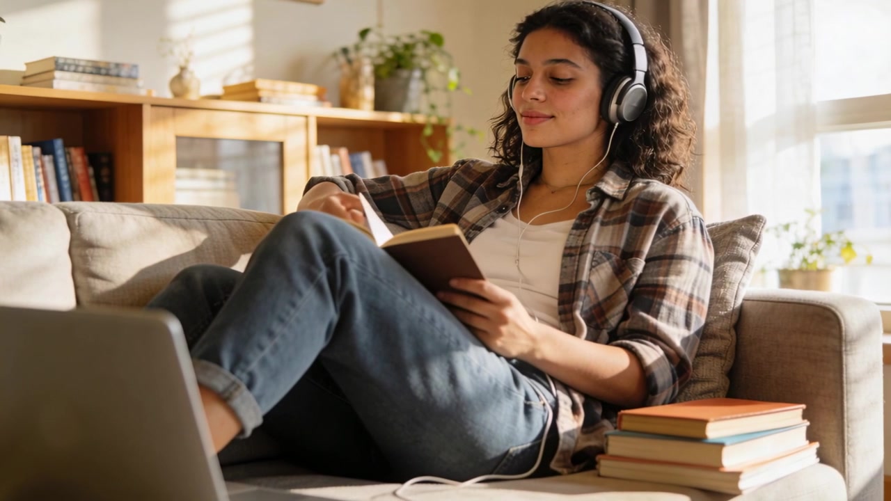 Settling gaze on paperback, plaid-shirted woman reading pages on sofa by window, wearing headphones