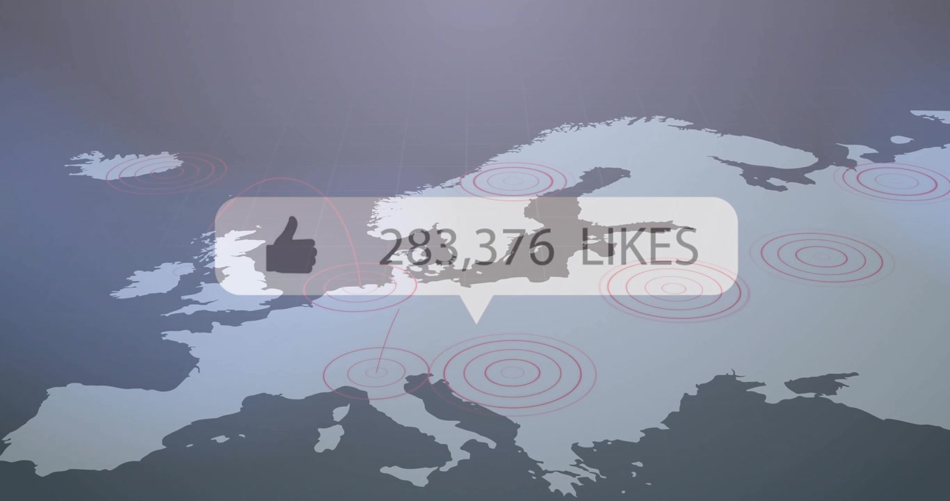 Silhouette dell'Europa che appare con una bolla di 658 MI PIACE, i conteggi che aumentano, anelli che pulsano, mostrando il coinvolgimento.