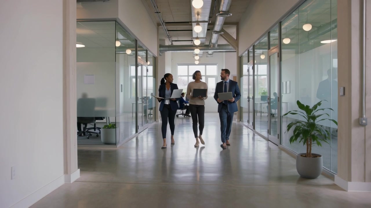 Leaving meeting, walking blazer-clad trio checking laptops and discussing folder in office hall