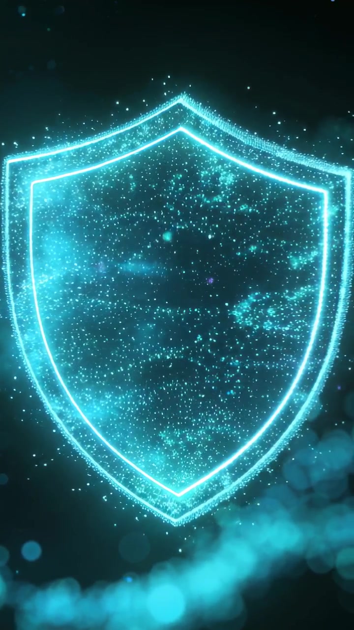 Vertical video: Appearing cyan dual-line shield pulsing and flowing particle field in void, misting