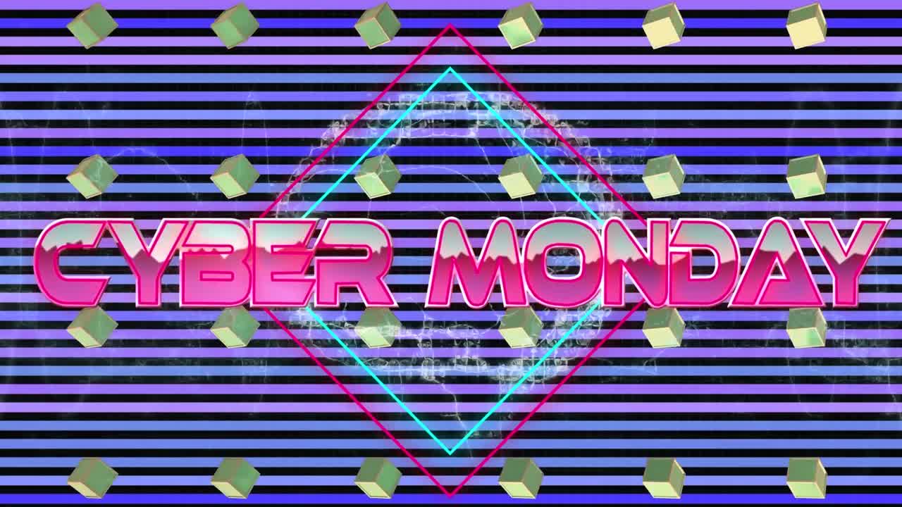 줄무 배경에 회전하는 상자를 가진 그래픽 사이버 월요일 텍스트의 디지털 애니메이션