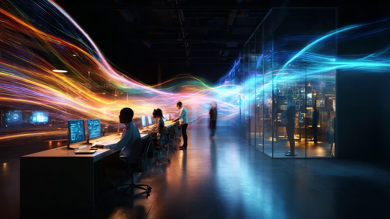 A Dynamic Workspace Representing Innovation and Technology: An Abstract Visual of Colleagues Collaborating in a High-Tech Environment with Colorful Light Trails Signifying Digital Growth