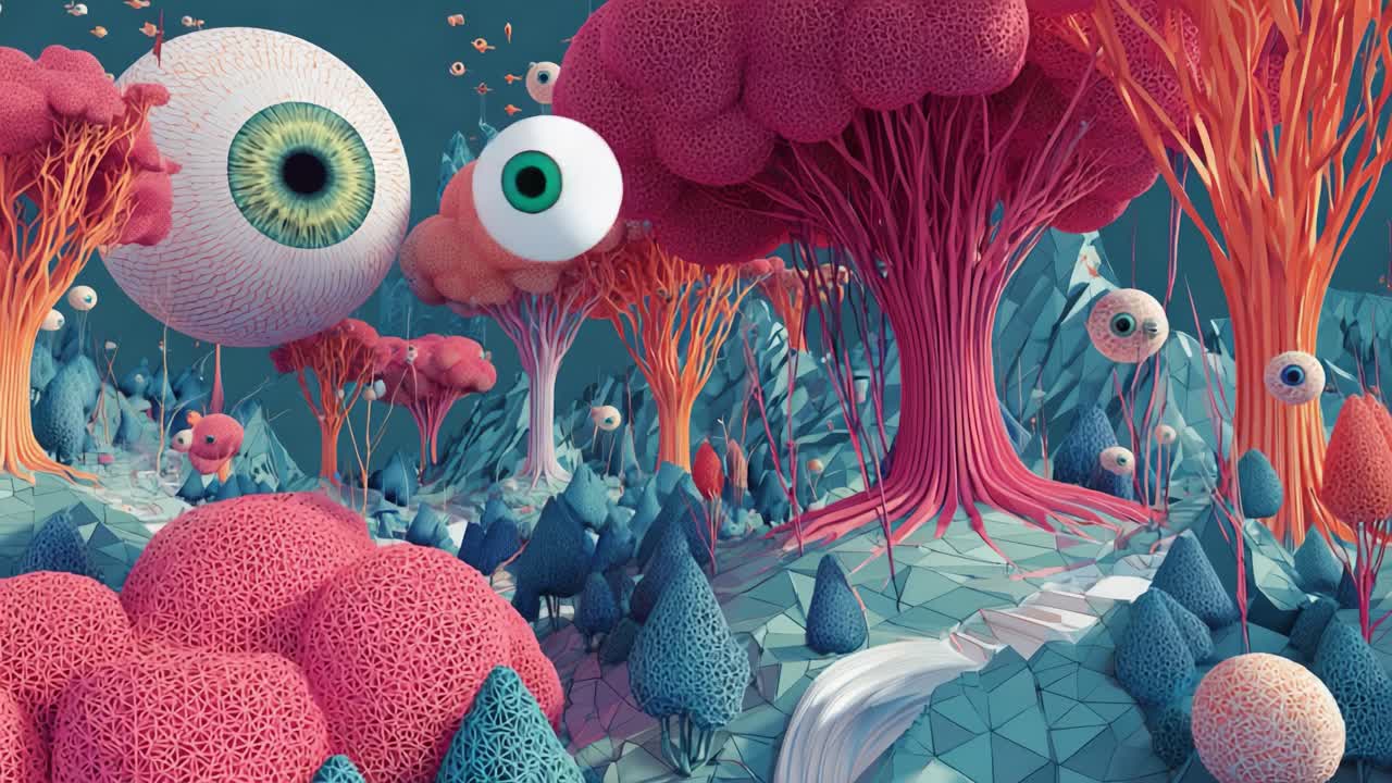 A Vibrant and Surreal Landscape Filled with Intricate Textures and Shapes Featuring Large Eyeballs, Colorful Trees, and Whimsical Flora in a Dreamlike Environment