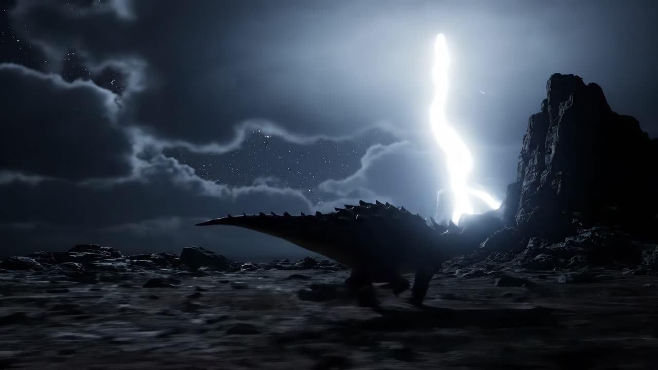 Dinosaur in a Stormy Night Landscape