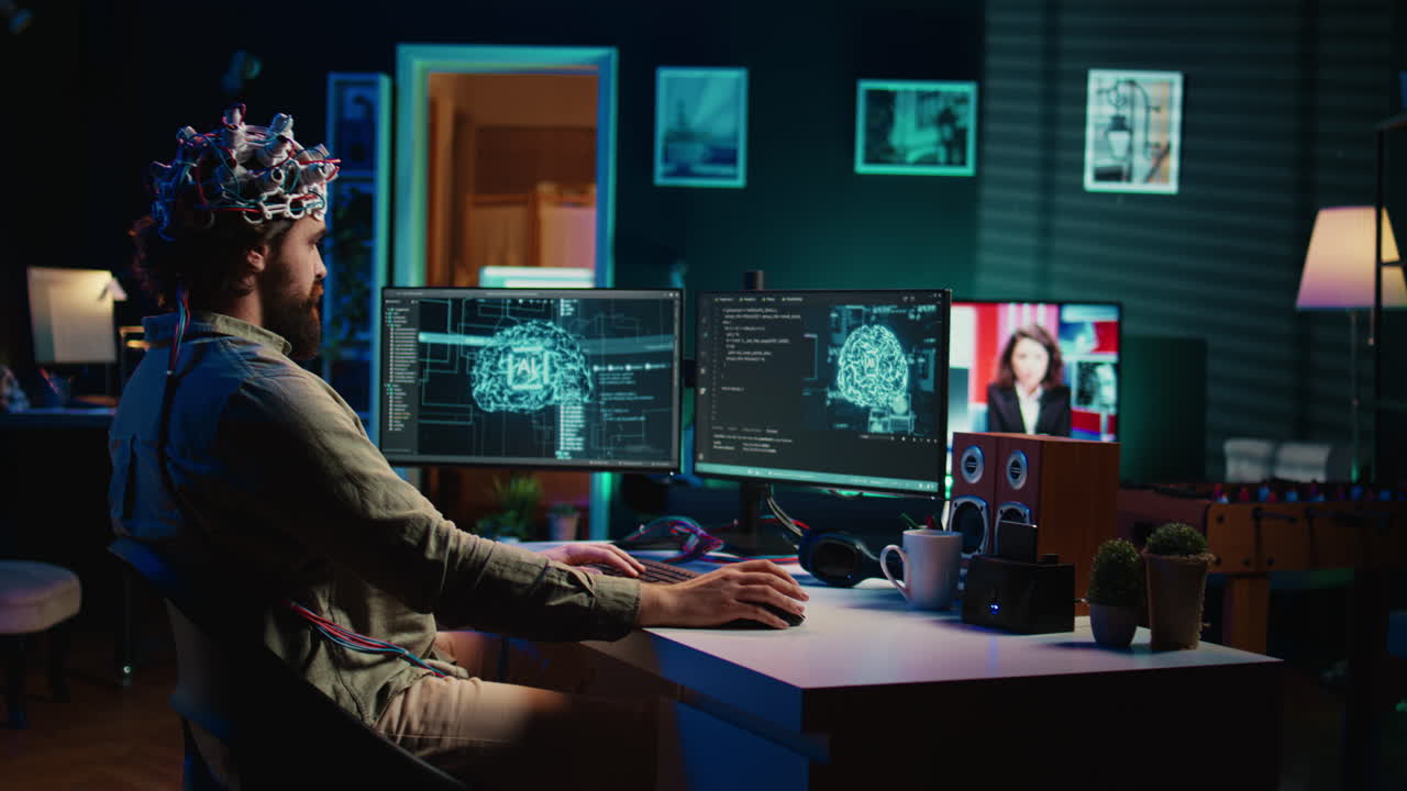 Engineer with EEG headset on merging with artificial intelligence