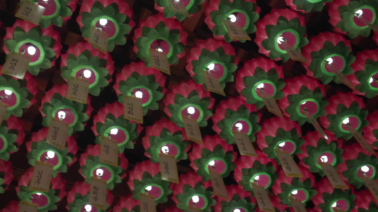 Un soffitto pieno di lanterne rosse a forma di fiore di loto, con etichette di carta appese che riportano preghiere e desideri in Corea del Sud - inquadratura dal basso