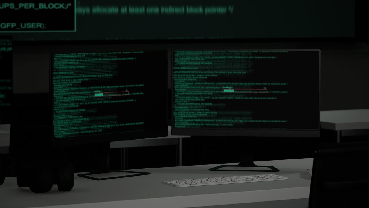 pantalla de carga en varios monitores de computadora en una oficina oscura