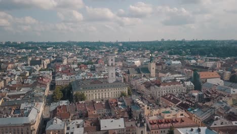 Aerial-drone-footage-of-european-city-Lviv,-Ukraine.-Flight-above-popular-ancient-part-of-old-town