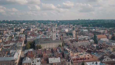 aerial drone footage of european city lviv, ukraine. flight above popular ancient part of old town