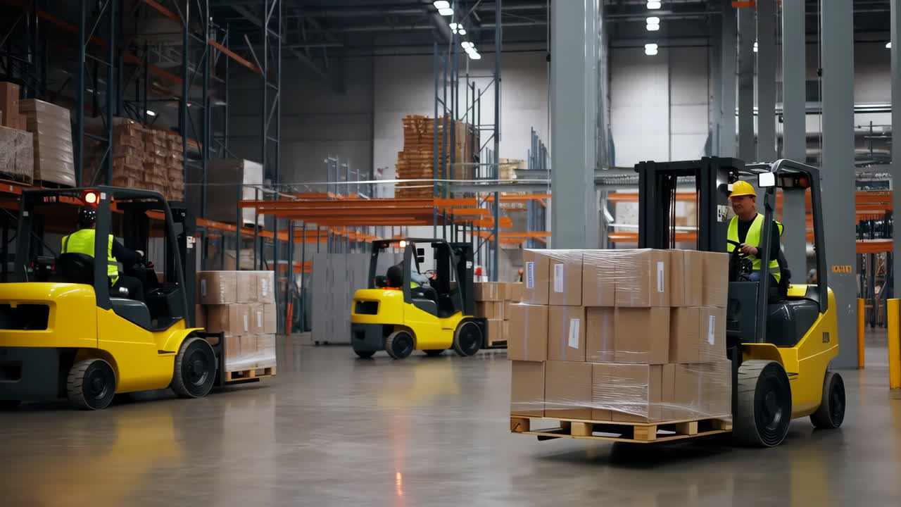 Forklifts moving boxes and pallets in a large industrial warehouse