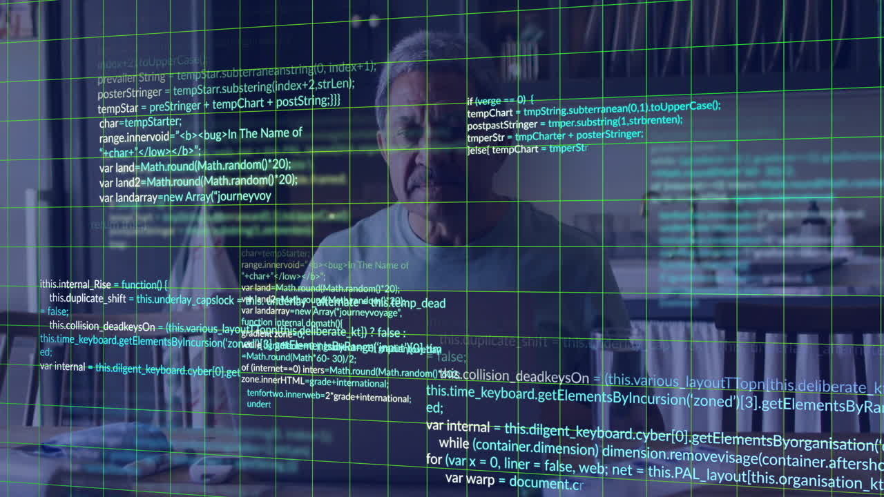 animación del procesamiento de datos financieros sobre un anciano biracial usando una computadora portátil