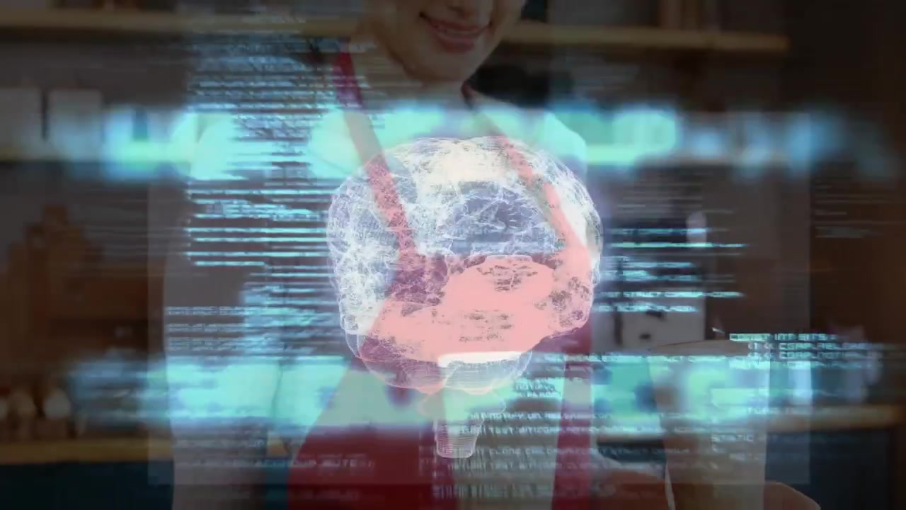 female barista preparing latte cups behind counter presenting tech brain hologram with code text