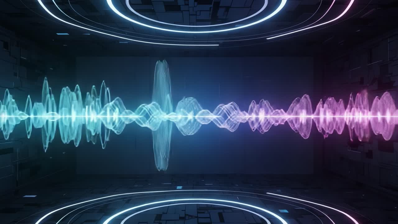 A Visual Representation of Sound Waves Pulsating Through a Futuristic Environment with Vibrant Colors and Geometric Patterns Enhancing the Overall Aesthetic Appeal