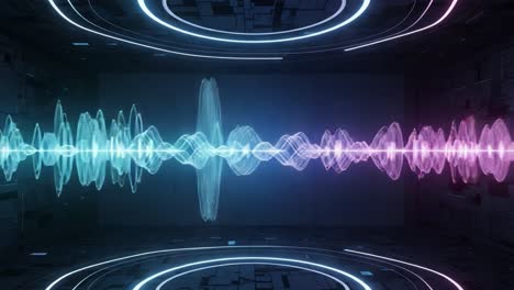 a visual representation of sound waves pulsating through a futuristic environment with vibrant colors and geometric patterns enhancing the overall aesthetic appeal
