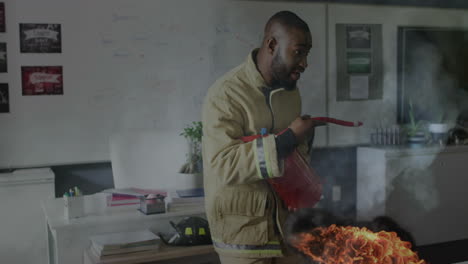 animación de llamas sobre un feliz maestro afroamericano que muestra un extintor de incendios en el aula
