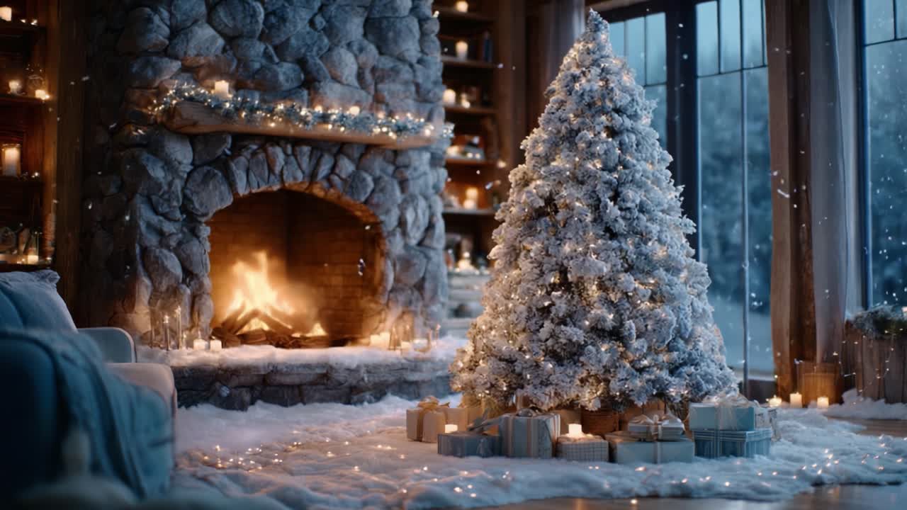 A Cozy Winter Retreat: A Beautifully Decorated Christmas Tree Surrounded by Presents and a Warm Fire in a Snowy, Festive Living Room Setting