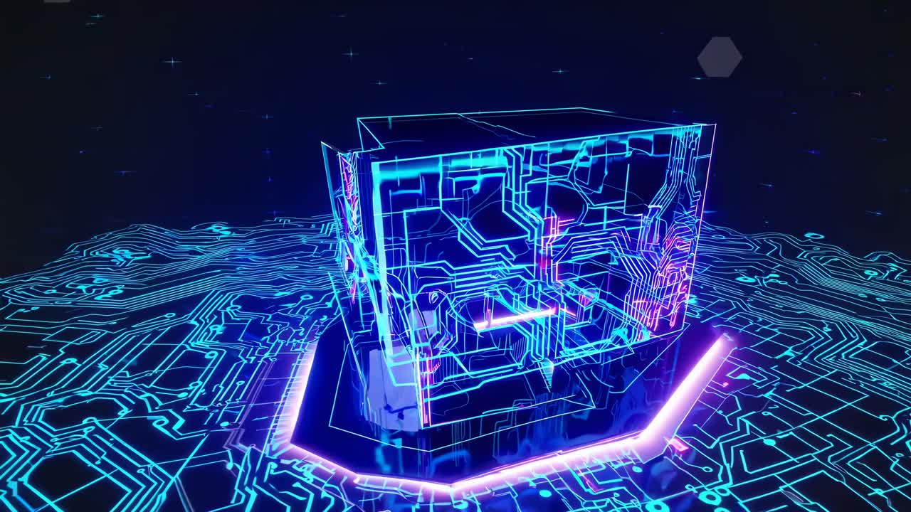 Futuristic video concept with a neon wireframe cube on a digital circuit board