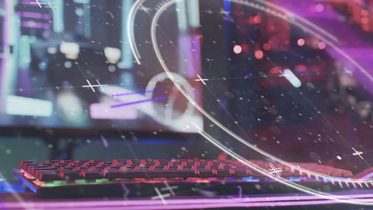 HUD overlay activating, sweeping across mech RGB keyboard, showing blurred monitor RGB glow