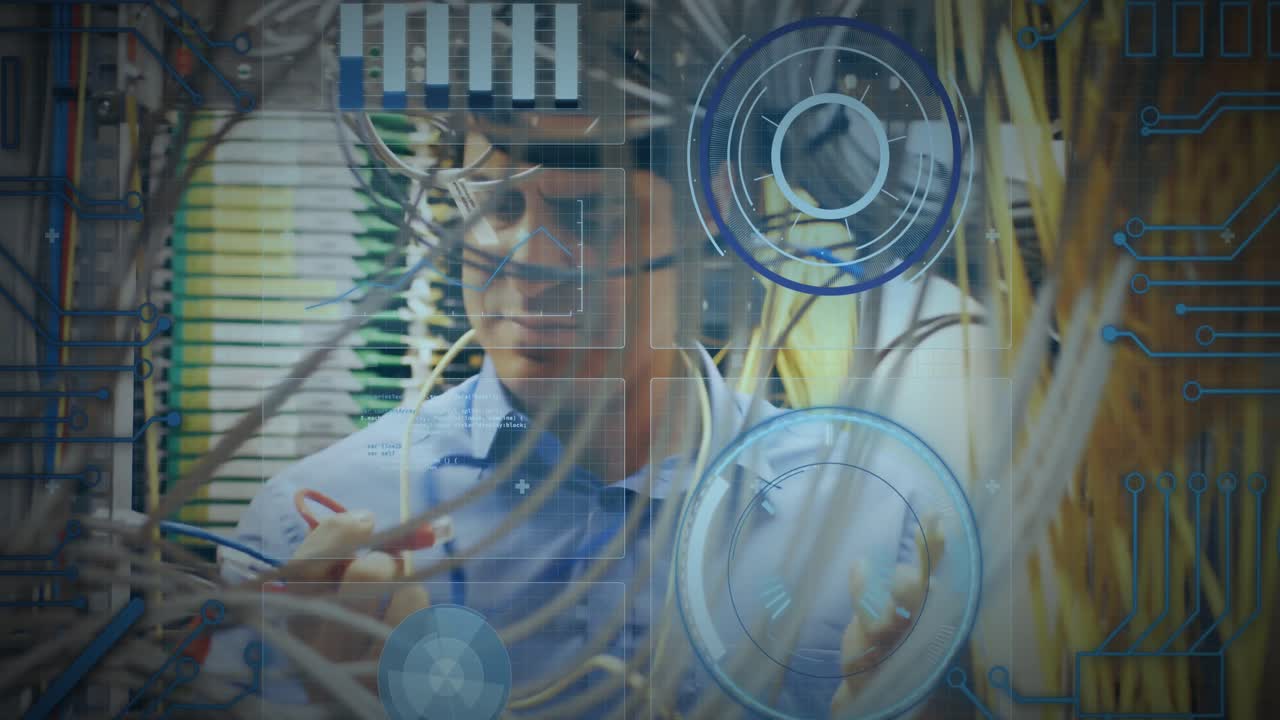 escáneres redondos y y conexiones de microprocesadores contra ingeniero masculino caucásico trabajando