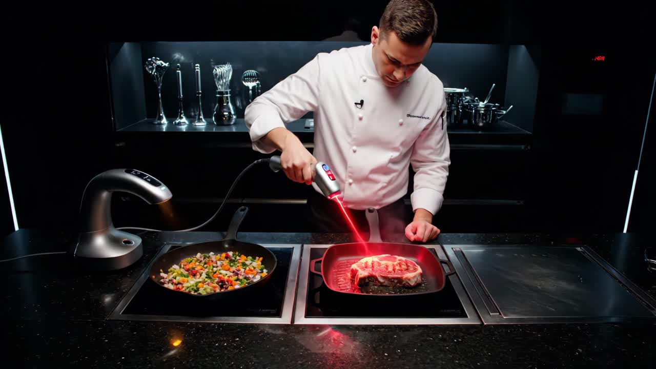 Chef cooking steak in a professional kitchen