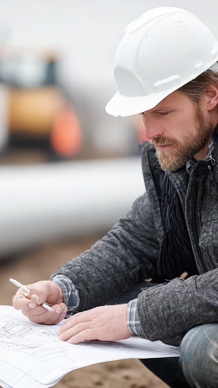 Focused Construction Worker Analyzing Plans and Drawings at Job Site, Showcasing Attention to Detail and Commitment to Project Success