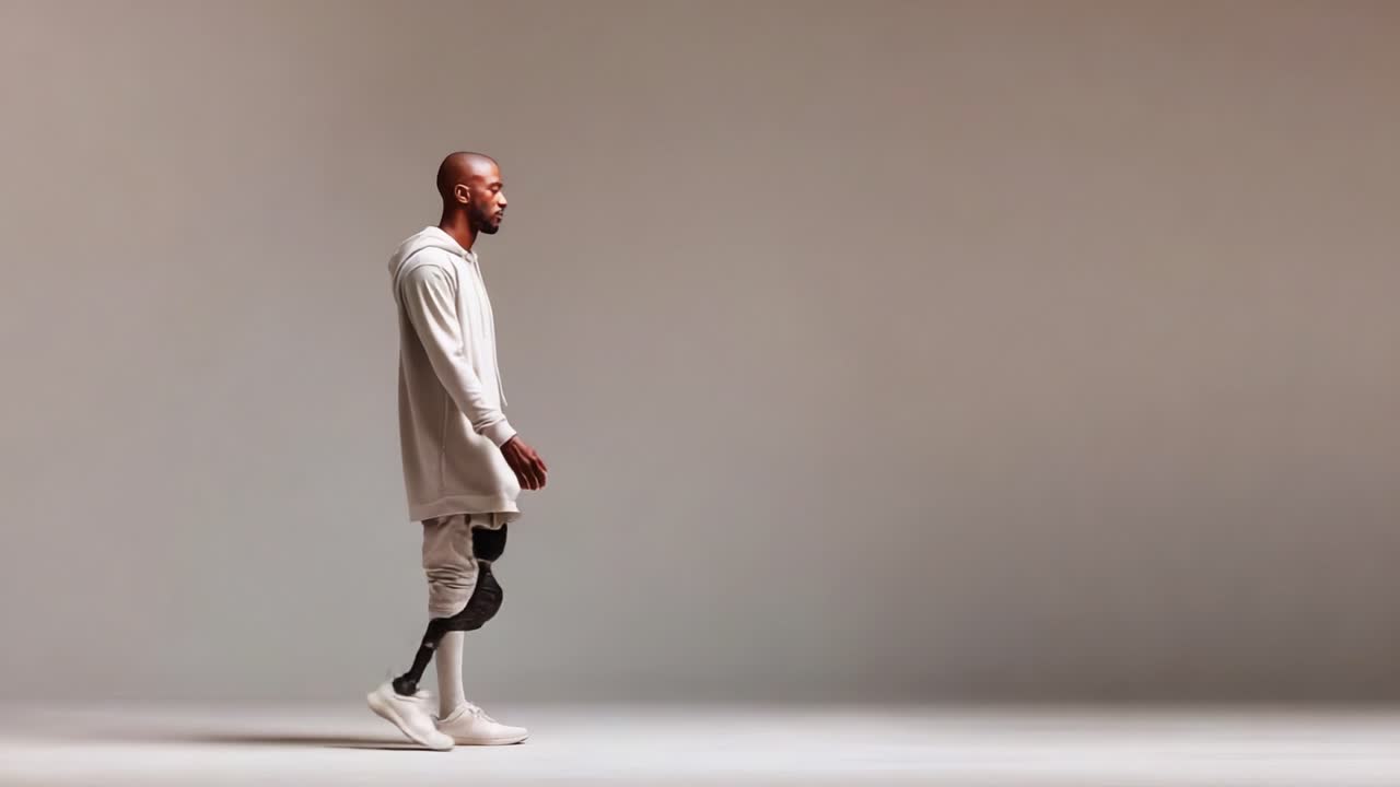 A determined individual walks confidently, showcasing the power of resilience and innovation through a modern prosthetic limb in a minimalist setting, embodying strength and hope