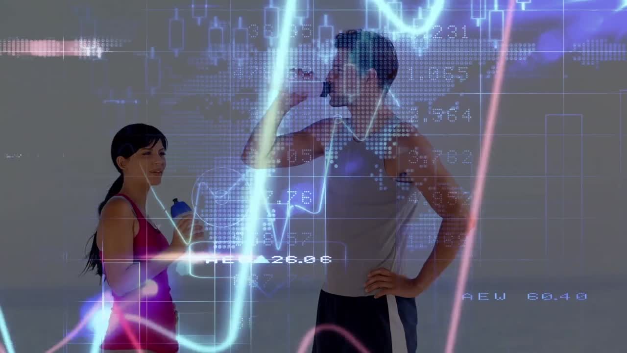 animación del procesamiento de datos sobre diversas personas que hacen ejercicio en la playa