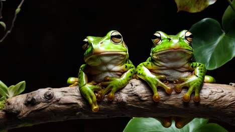 two frogs sitting on a branch