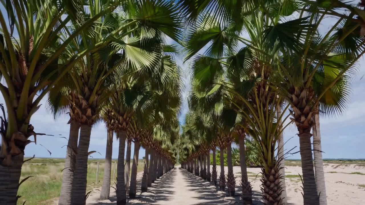 Lush palm trees line a tranquil pathway, creating a serene atmosphere as sunlight filters through the leaves, inviting viewers to explore the scenic beauty of nature's corridor