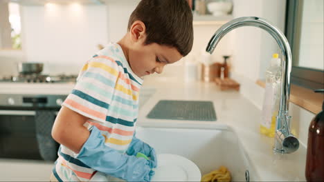 Washing-dishes,-cleaning-and-kid-high-five