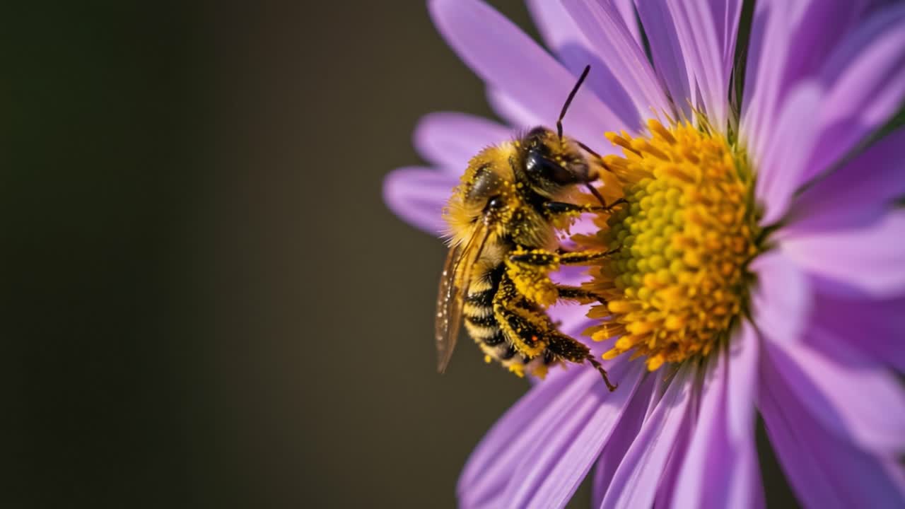 A Close-Up Display of a Bee Collecting Nectar from a Vibrant Purple Flower, Showcasing the Beauty of Nature's Pollination Process